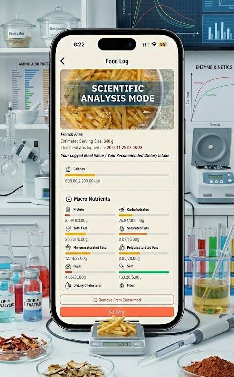 BiteRight – Accurate Nutrient Breakdown – nutrition tracking feature Smartphone screen showing nutrition app with detailed macro breakdown chart and colorful percentage rings surrounded by fresh berries